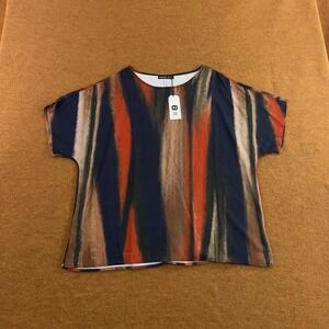 Noracora Womens Medium Multicolor Abstract Stripe Cotton Blend Short Sleeve Top